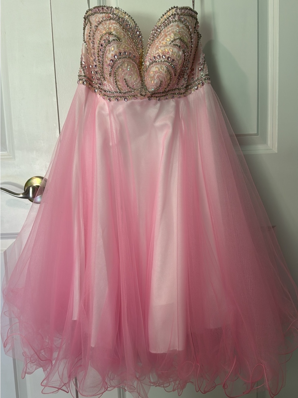 Strapless Beaded Pink Tulle Cocktail Dress
